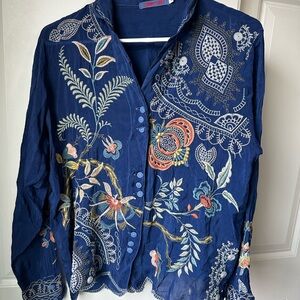 Johnny Was Navy Embroidered Floral Shirt